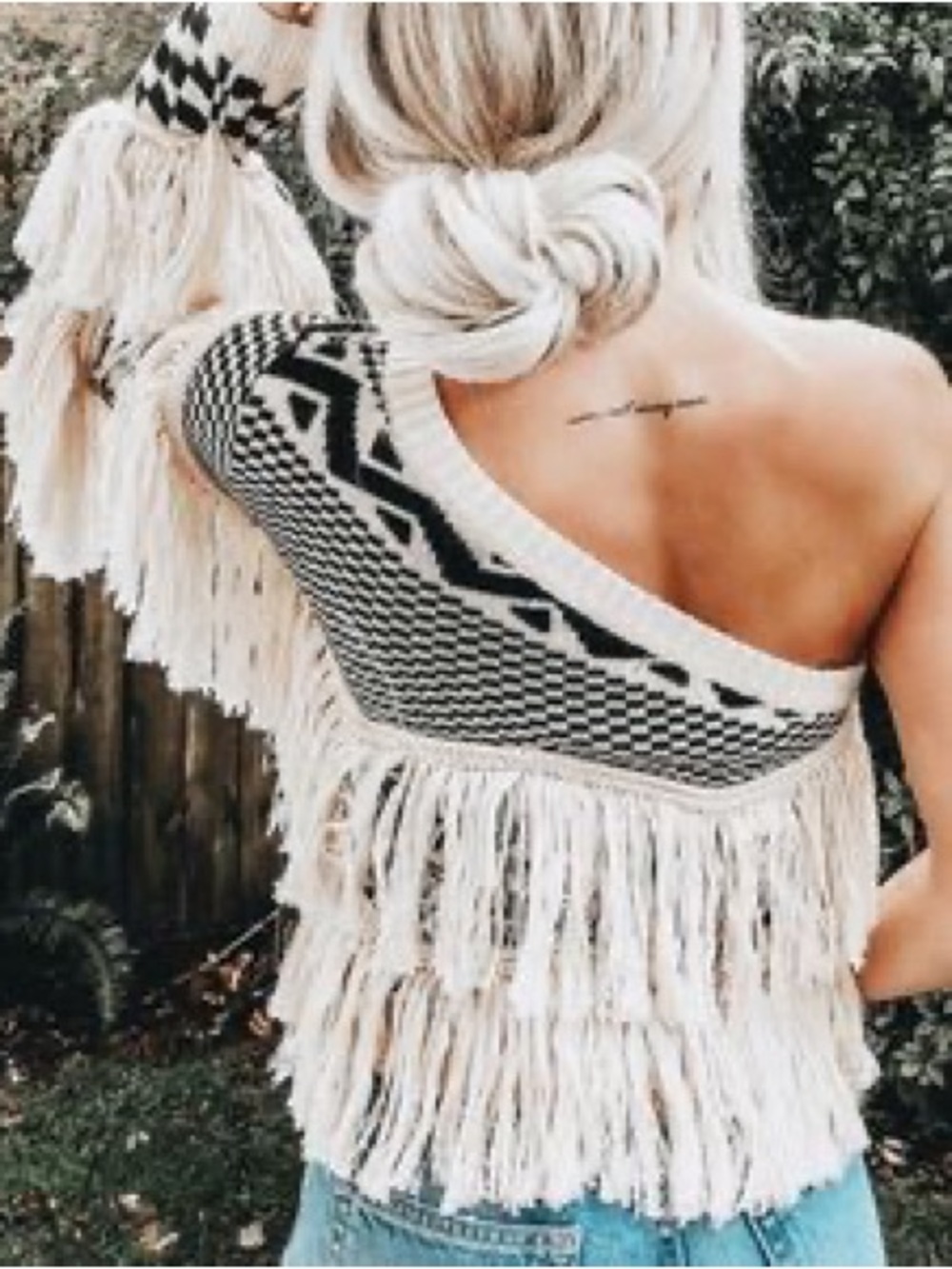 Fringe Aztec Boho One-Shoulder Sweater